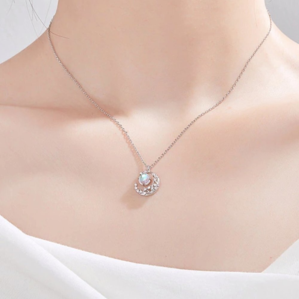 Crystal moon opal charm 925 sterling silver Minimalist pendant necklace